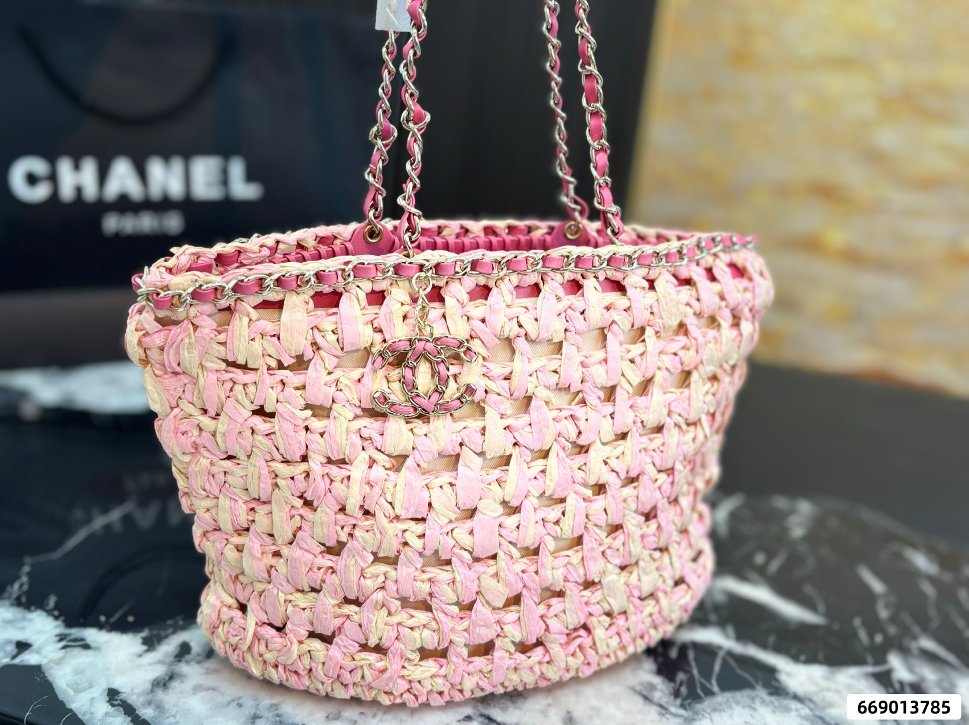 Chanel 23P Chain-Handled Woven Bag