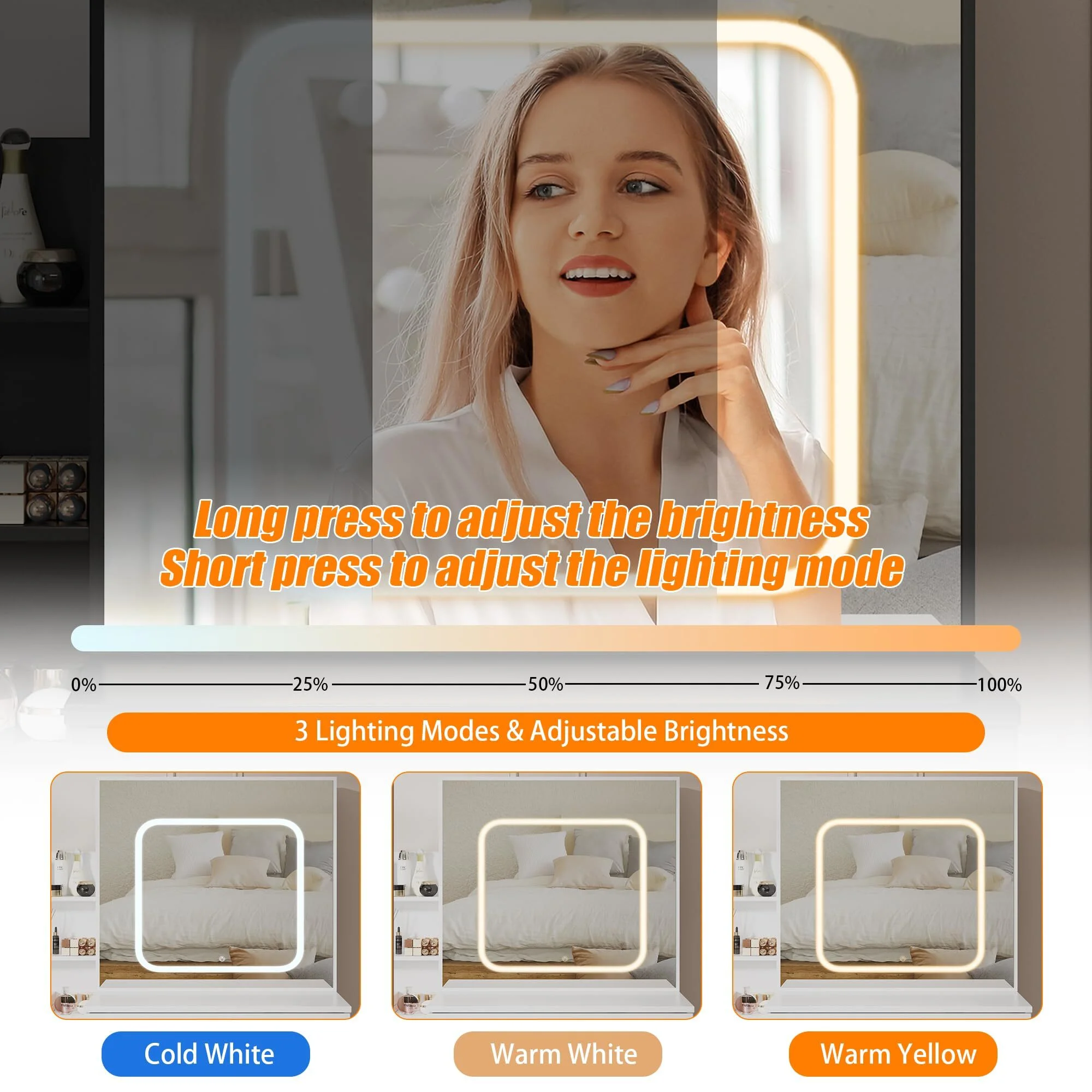 Vanity Desk with Sliding Mirror & Lights, Makeup Vanity Set with Charging Station 4 Drawers 7 Shelves, Large Vanity Set with Cushioned Stool for Bedroom, White