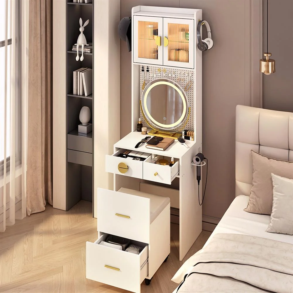 EDOEMSE Table & Chair Vanity Set, Vanity Set,Small Vanity Desk with Mirror and LED Lights, Makeup Table with Charging Station and drawers,Gray