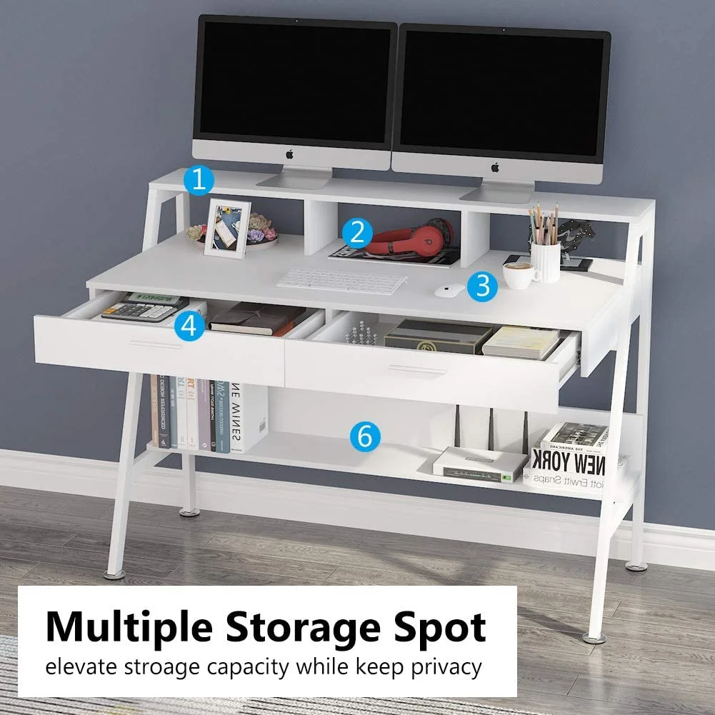 Tribesigns 47 inch Computer Desk, Modern Office Writing Desk with Storage Shelf & Drawers for Home Office, White