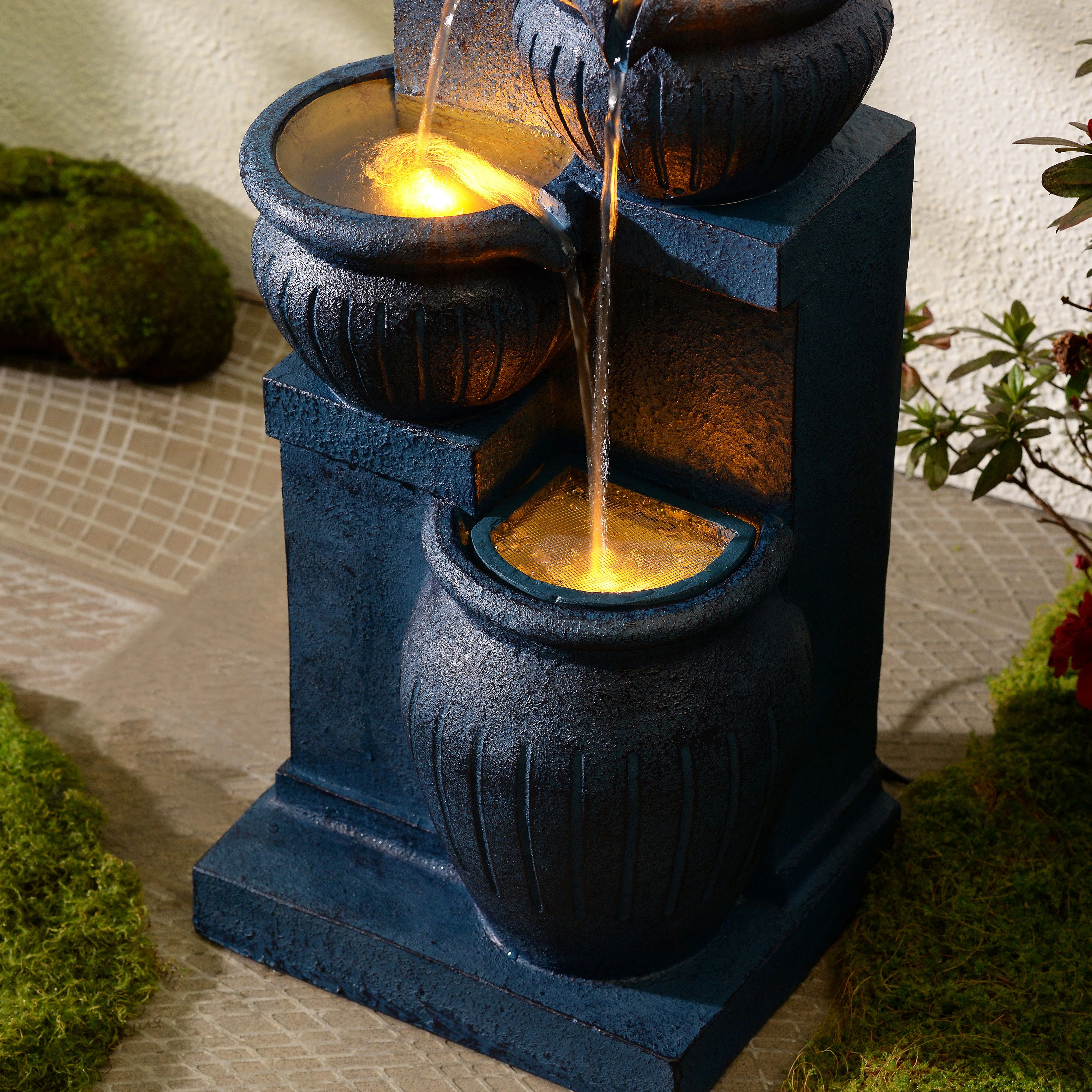 Teamson Home Outdoor Water Fountain with Lights�C 4-Tier Cascading Bowl Design with LED Light & Solar Pump, Solar-Powered Water Fountain Outdoor Garden, Yard, or Patio D��cor, Navy Blue