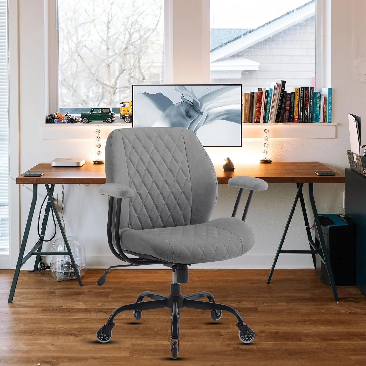 QW Home Office Desk Chair Office Rubber Casters Ergonomic Computer Chair with Lumbar Support Adjustable Height Rolling Swivel Executive Task Armrests Chair??? Brown Leather