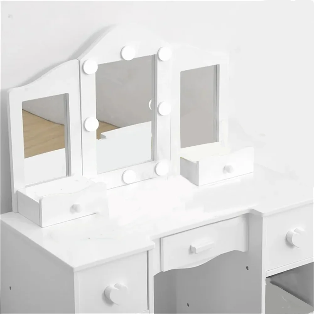 Zzistar Kids Vanity Table Set with Light, Tri-Folding Mirror, 5 Drawers and Square Stool, Wood Makeup Desk Dressing Table with Open Storage Shelves and Detachable Top
