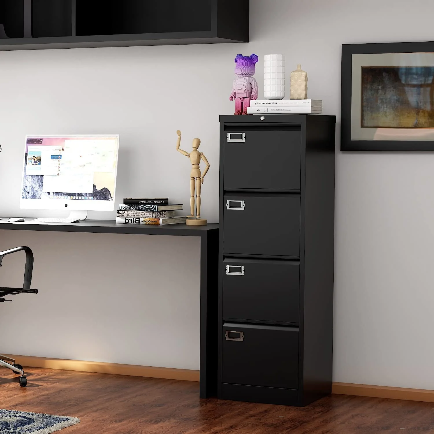 STANI 4 Drawer File Cabinet with Lock, Black Vertical Metal Filing Cabinets Home Office Storage File Cabinet for Hanging Files Folders Letter/Legal/A4 Size