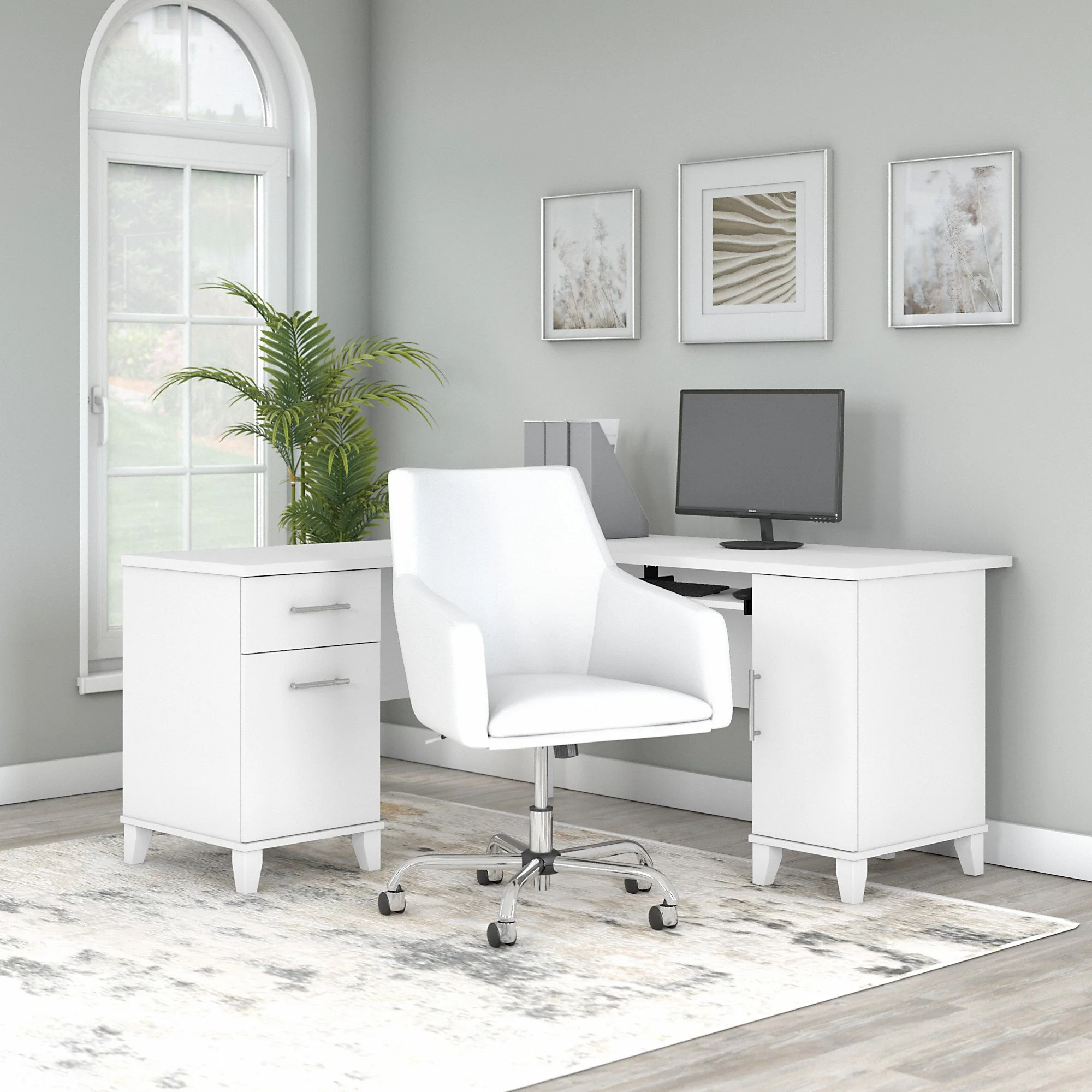 Bush Furniture Somerset 60 in L Desk and Chair Set with CPU Storage, Box Drawer and File Drawer in Ash Gray