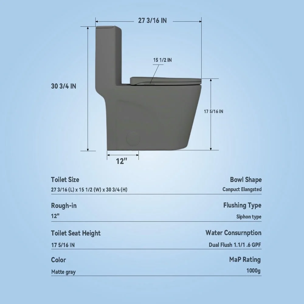 Spaco 1.1/1.6 GPF Dual Flush One-Piece Toilet, Button on Tank top S-trap 12 inches, Elongated Bowl with Soft Close Seat, Water-Saving MAP 1000g, Comfort Chair Seat ADA Height, Light Gray