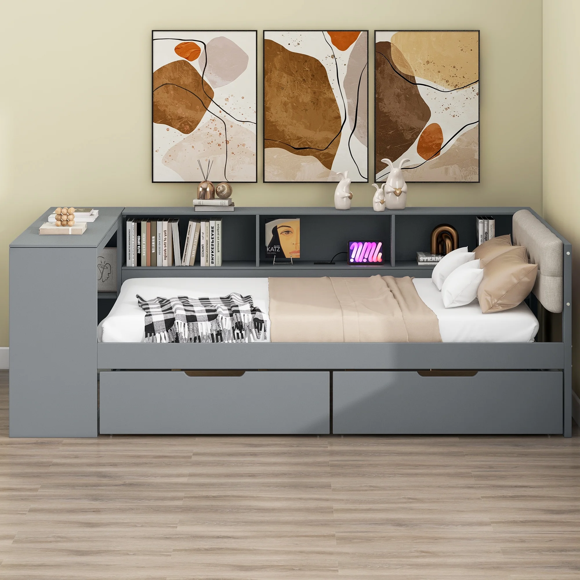 Euroco Wood Twin Size Platform Bed with Desk and Shelves, Drawers and USB Charging for Kids, Cream