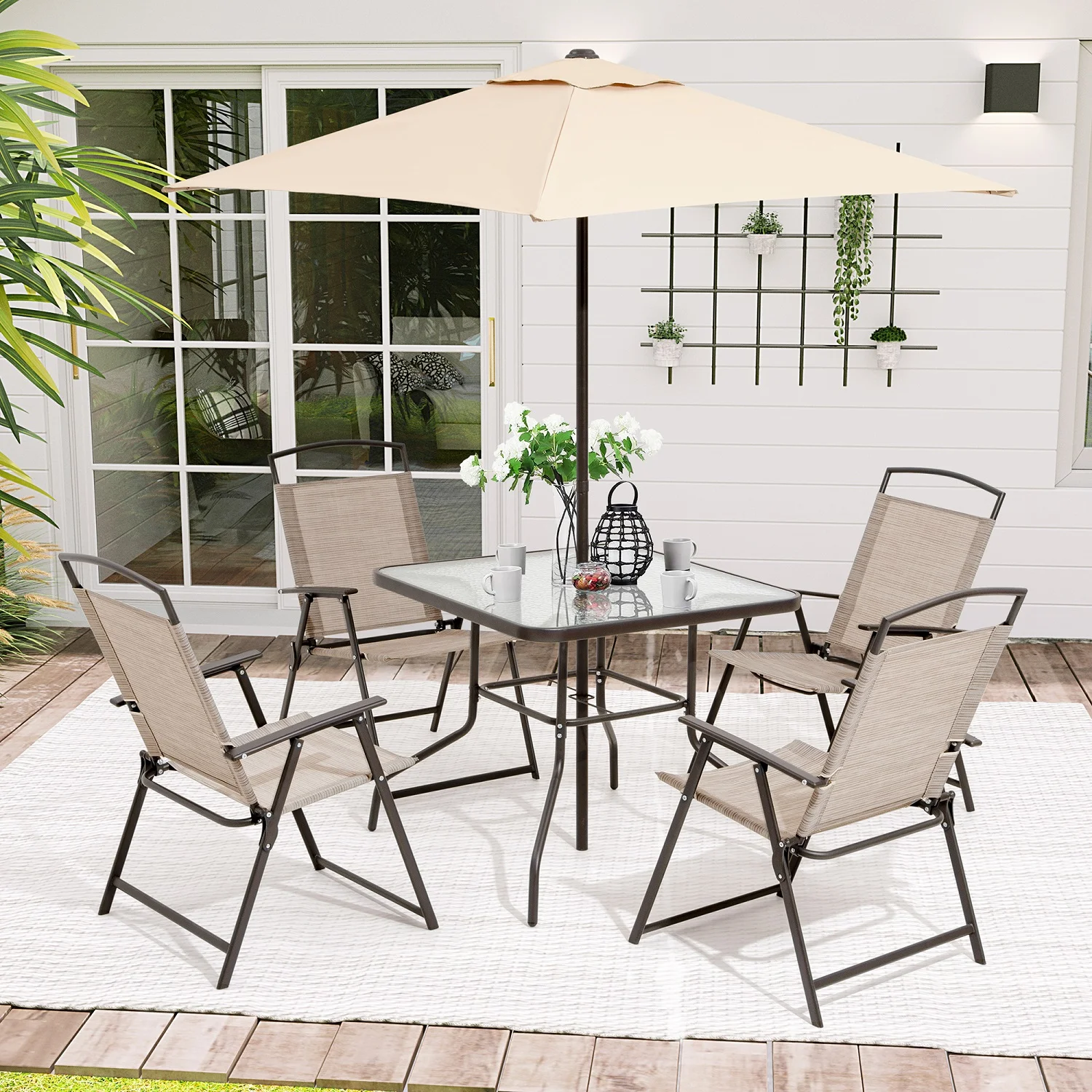 Pellebant 6 Pcs Metal & Glass Patio Dinning Set and Umbrella in Beige