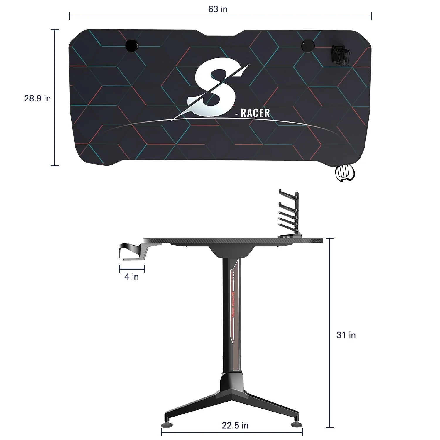 Lacoo Gaming Desk Steel Frame Y-shaped Gaming Desk with Adjustable Height, Black 63
