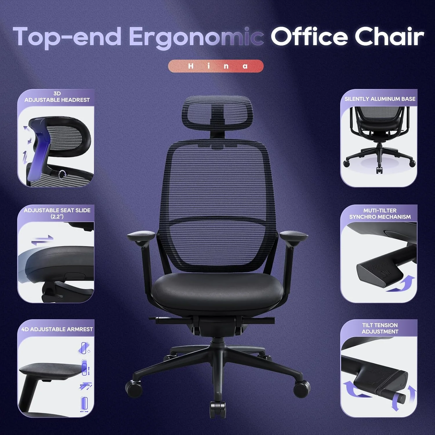 Ergonomic Office Chair, High Back Mesh Desk Chair with Adjustable Lumbar Support, Reclining Backrest, 4D Armrests, Breathable Mesh, Comfortable Computer Chair for Home Office, Work,Study