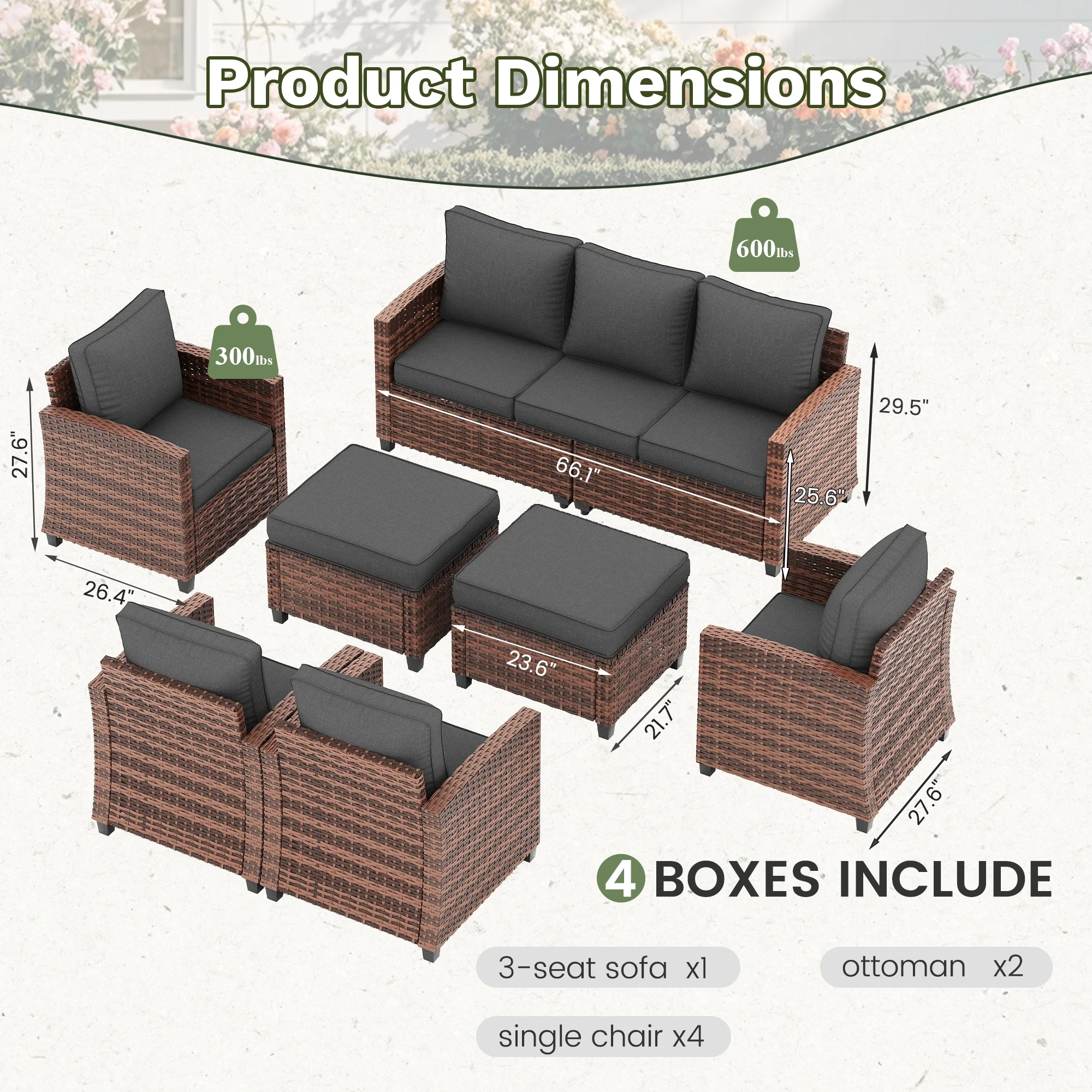 POTEBAN Patio Furniture Set, 7 Pieces Outdoor Sectional Sofa Couch with Chairs, Ottomans and Comfy Cushions, All Weather Wicker Rattan Patio Conversation Set for Garden Backyard Dark Grey