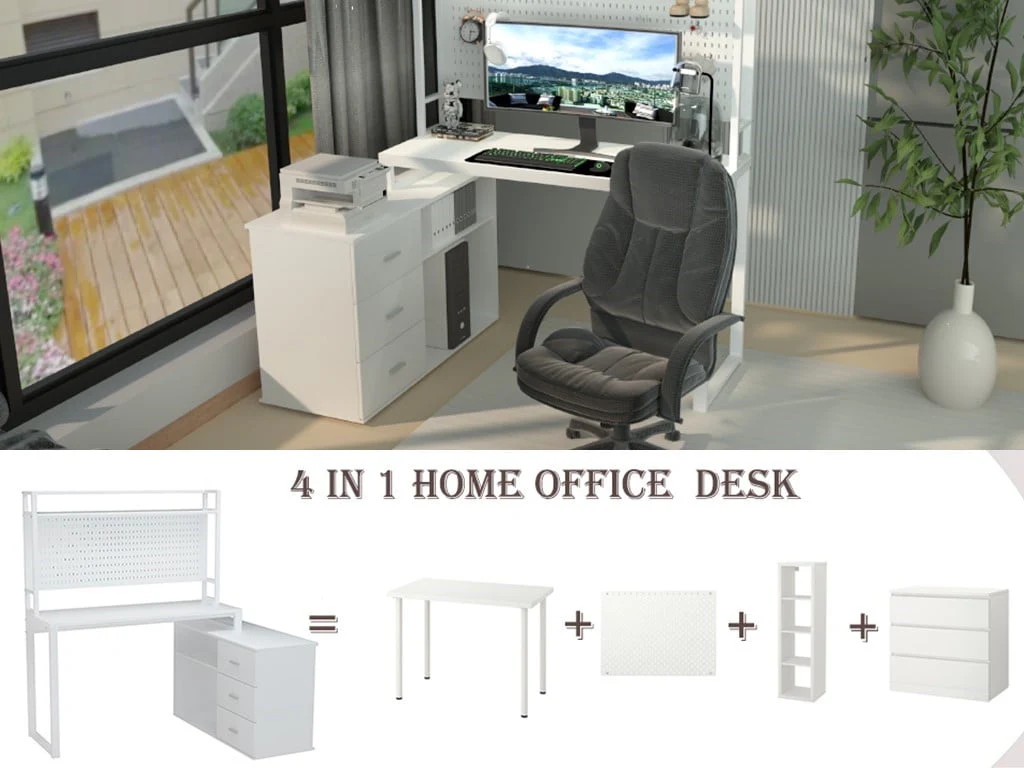 PAKASEPT 4 In 1 Home Office Computer Desk L Shaped Desk, Reversible Corner Desk with Drawers & Shelves & Pegboard, White Desk Study Writing Table for Home Office