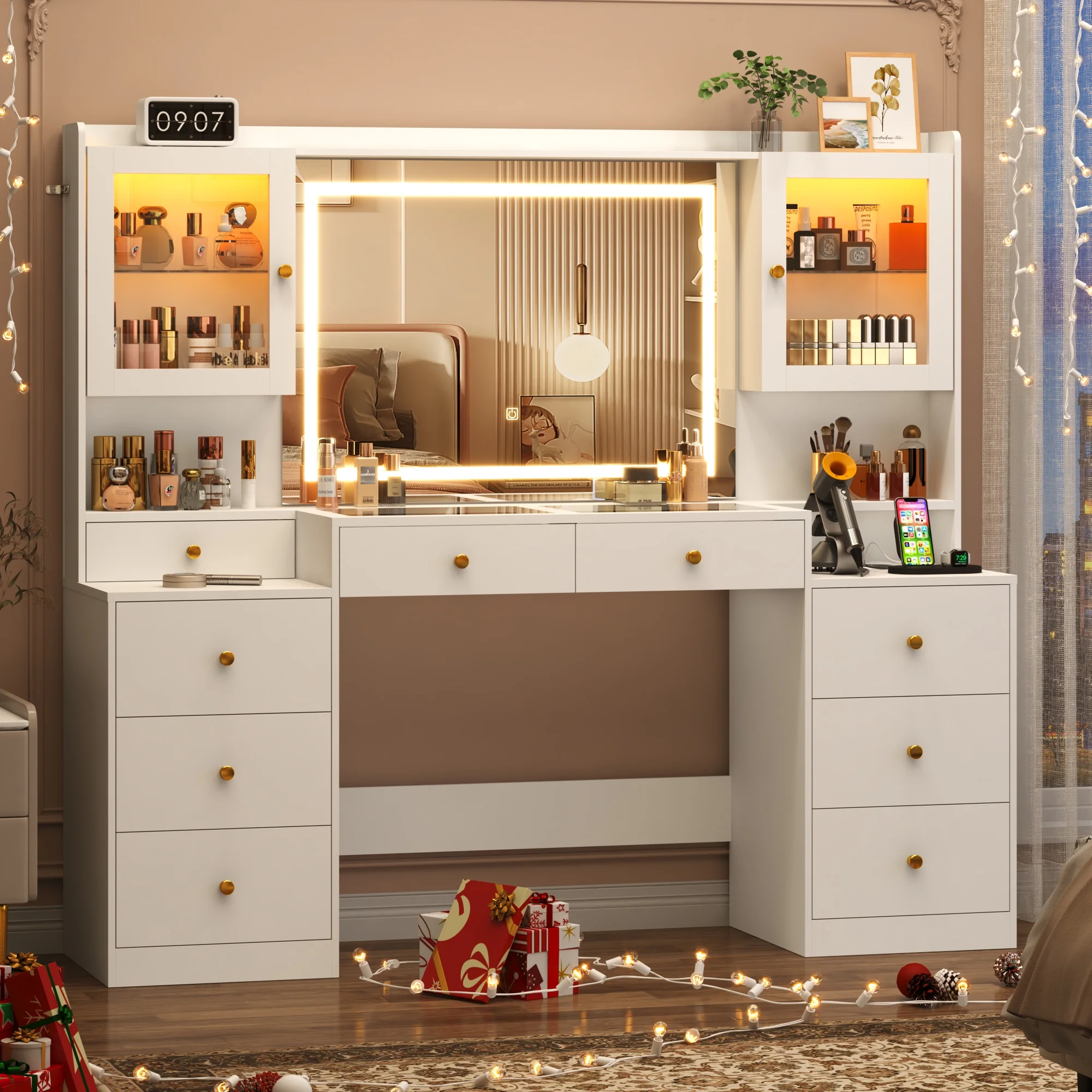 Blotout 62'' Large Vanity Desk w/60000-color LED Lights, Tempered Glass Top, Power Outlet, Makeup Vanity Table w/ 3 Lights Mode Mirror, 9 Drawers, 2 RGB Cabinets, LED Dressing Table for Girls, Women