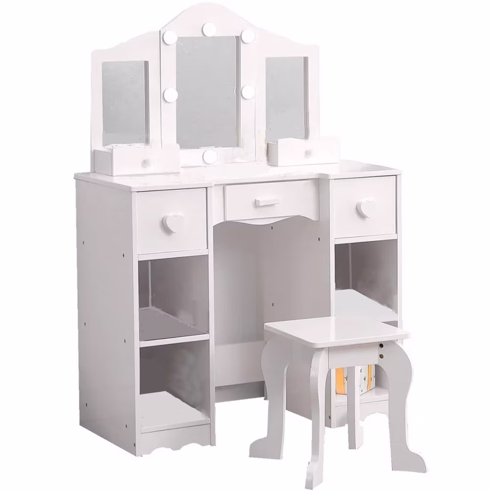 Zzistar Kids Vanity Table Set with Light, Tri-Folding Mirror, 5 Drawers and Square Stool, Wood Makeup Desk Dressing Table with Open Storage Shelves and Detachable Top