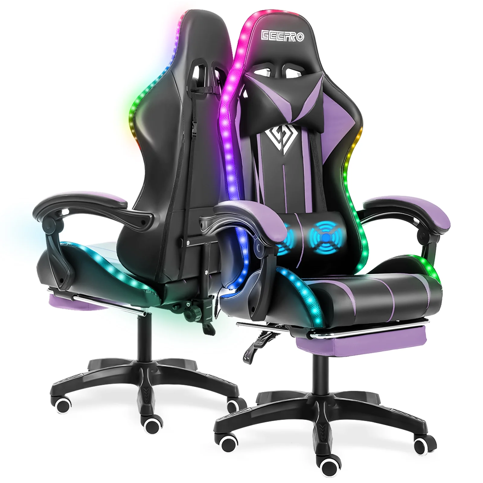 Hoffree Gaming Chair with Massage PU Leather Office Chair with Footrest and LED Light Ergonomic Gamer Chair Lumbar Support Adjustable Headrest High Back Computer Desk Chair for Home Office