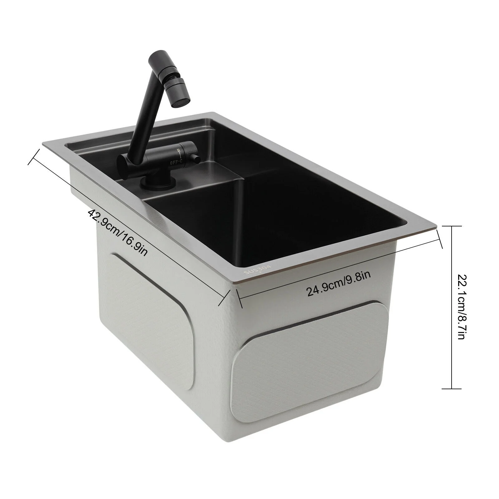 Modern Drop in Bar Sink, Single Bowl Kitchen Sink with Foldable Faucet, Black Nano 304 Stainless Steel Utility Sink for Compact Kitchen Commercial Hotel RV Laundry