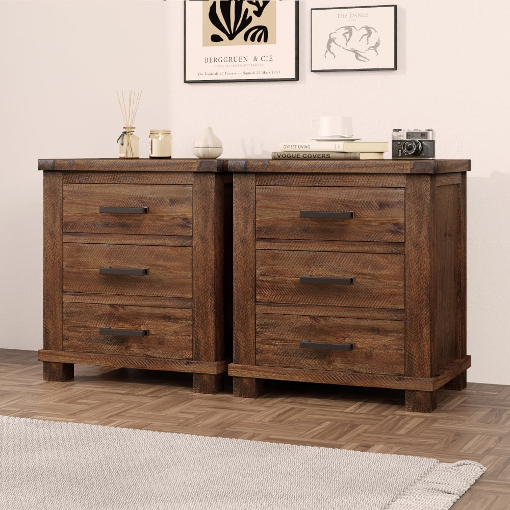 Tcbosik End Tables Set of 2, Wooden Night Stand with 3 Storage Drawers, Side Table for Small Space, Easy Assembly, Natural