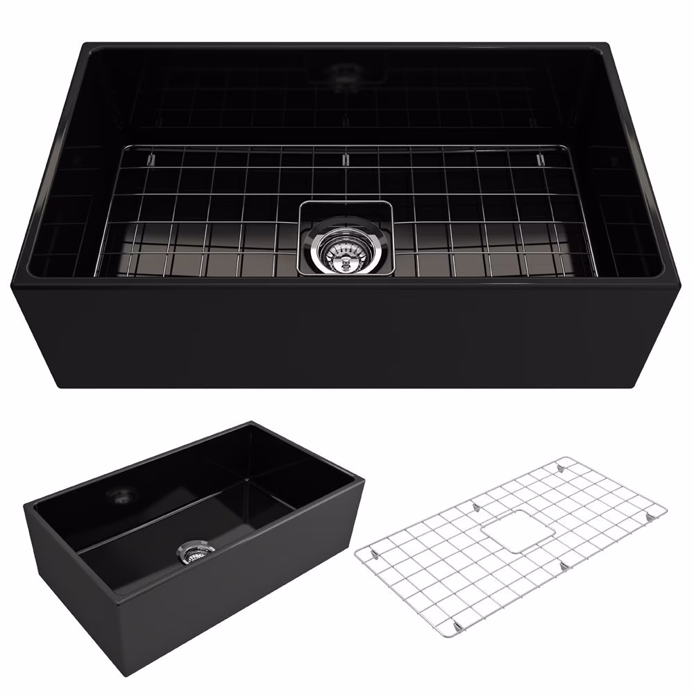 BOCCHI Contempo Apron Front Fireclay 33 in. Single Bowl Kitchen Sink with Protective Bottom Grid and Strainer in White