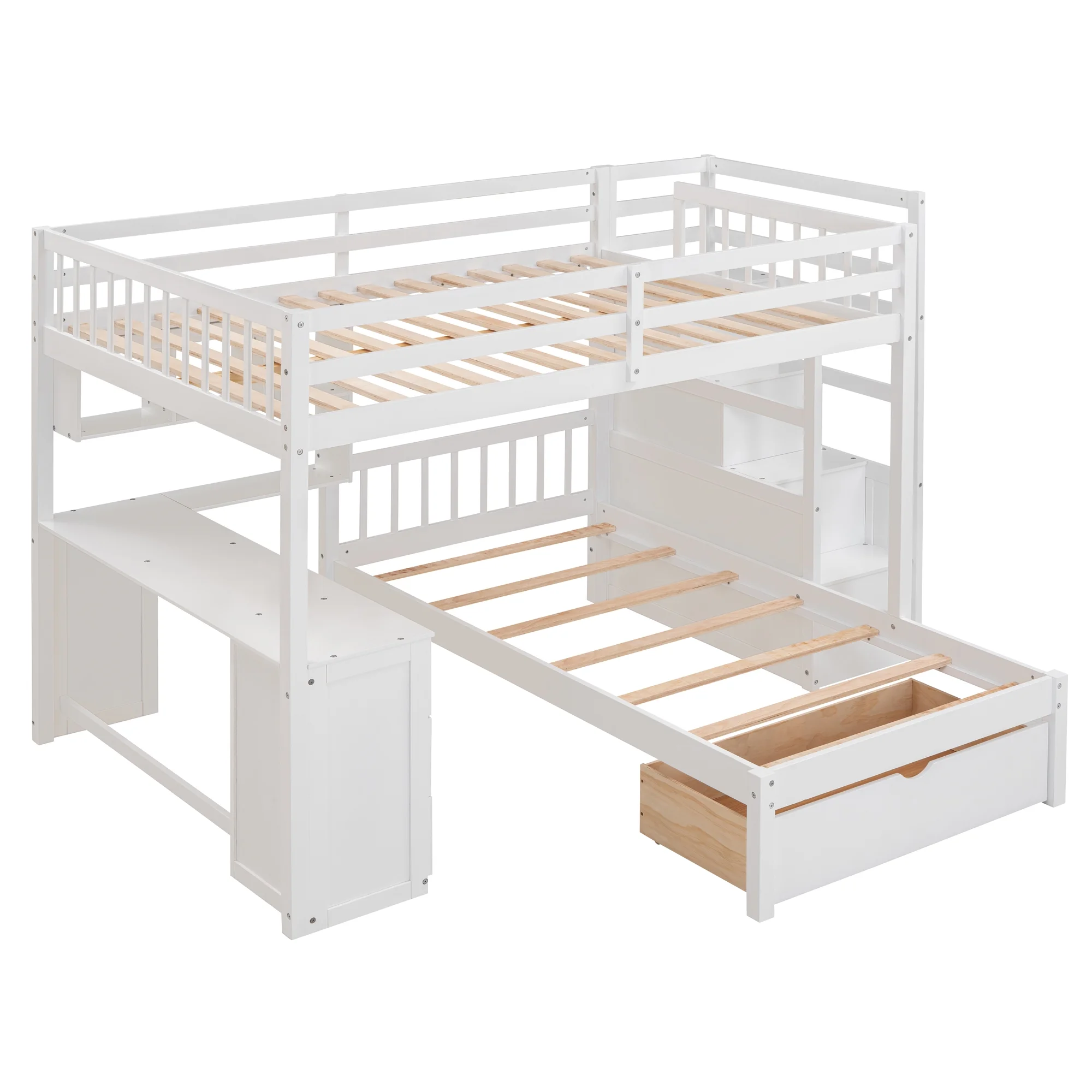 Harper & Bright Designs Full Over Twin Bunk Bed with Desk, Drawers and Shelves, L-Shaped Bunkbeds with Storage Staircase for Adults Bedroom, White