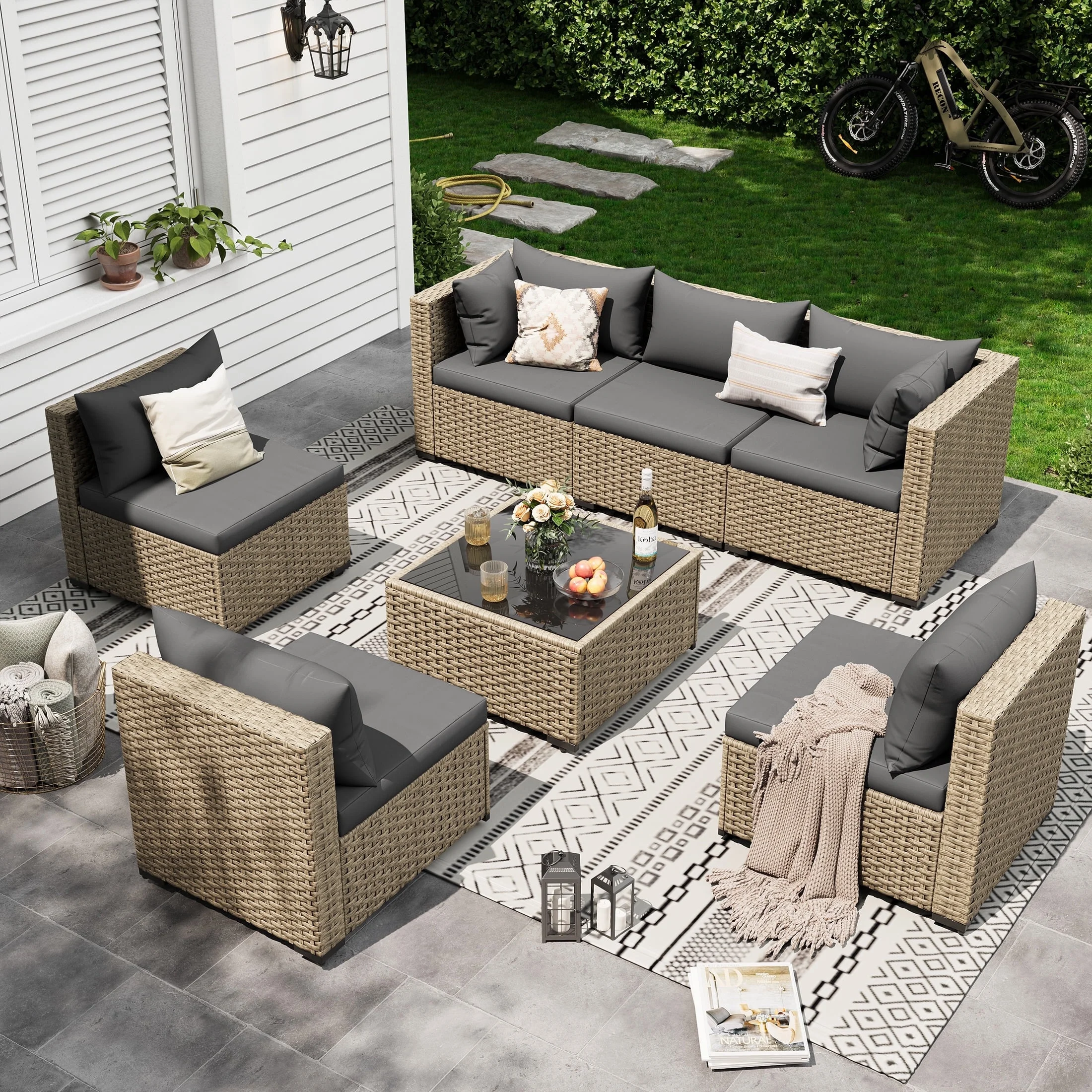 POTEBAN 7 Pieces Outdoor Patio Furniture Set, Grey Rattan Wicker Outdoor Conversation Sectional Sofa Set with Cushions for Backyard, Green