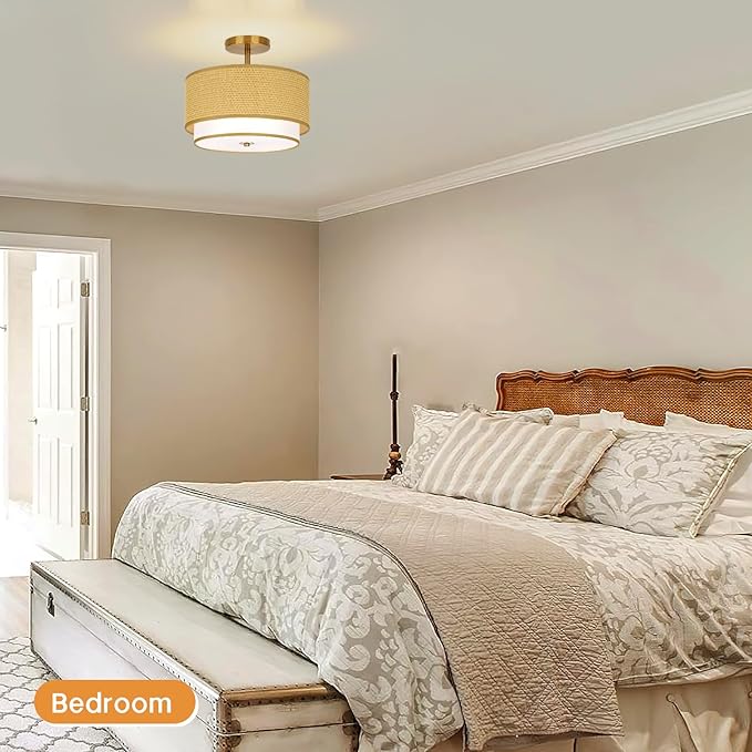 MELLOWWLITE Boho Light Fixtures Woven Rattan-Style Flush Mount Ceiling Light
