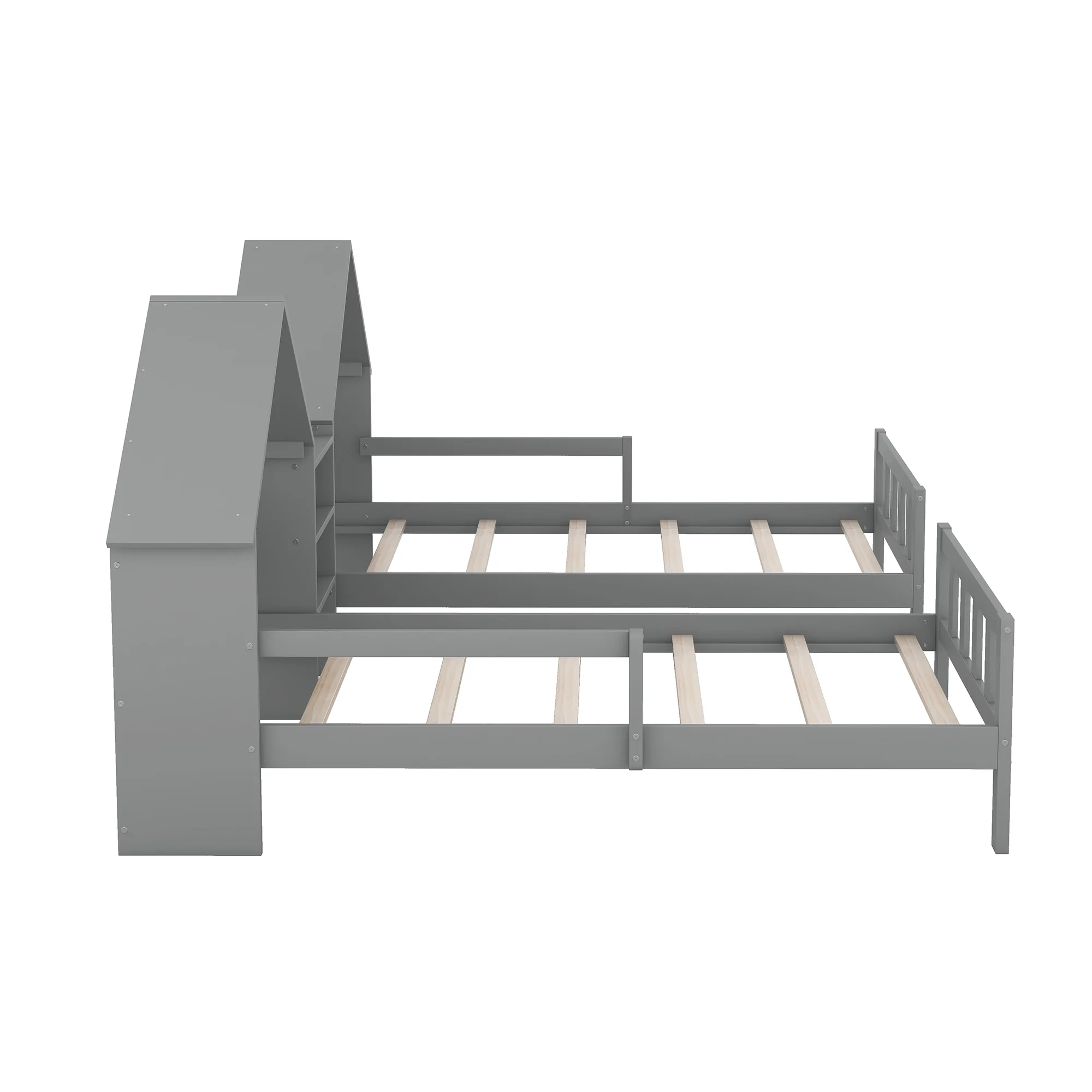 Euroco Twin Size Wood House Platform Bed, Two Beds in One with Desk and Shelf, 2 Platform Beds for More Kids Teens, Gray