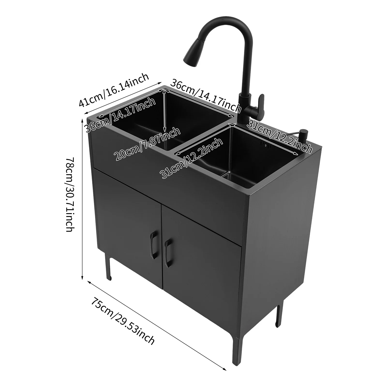 Laundry Sink with Cabinet & Pull-Out Faucet, Kitchen Sink Cabinet with Draining Basket, Stainless Steel Double Bowl Utility Sinks, Wash Station Tub for Kitchen, Laundry Room (Black)