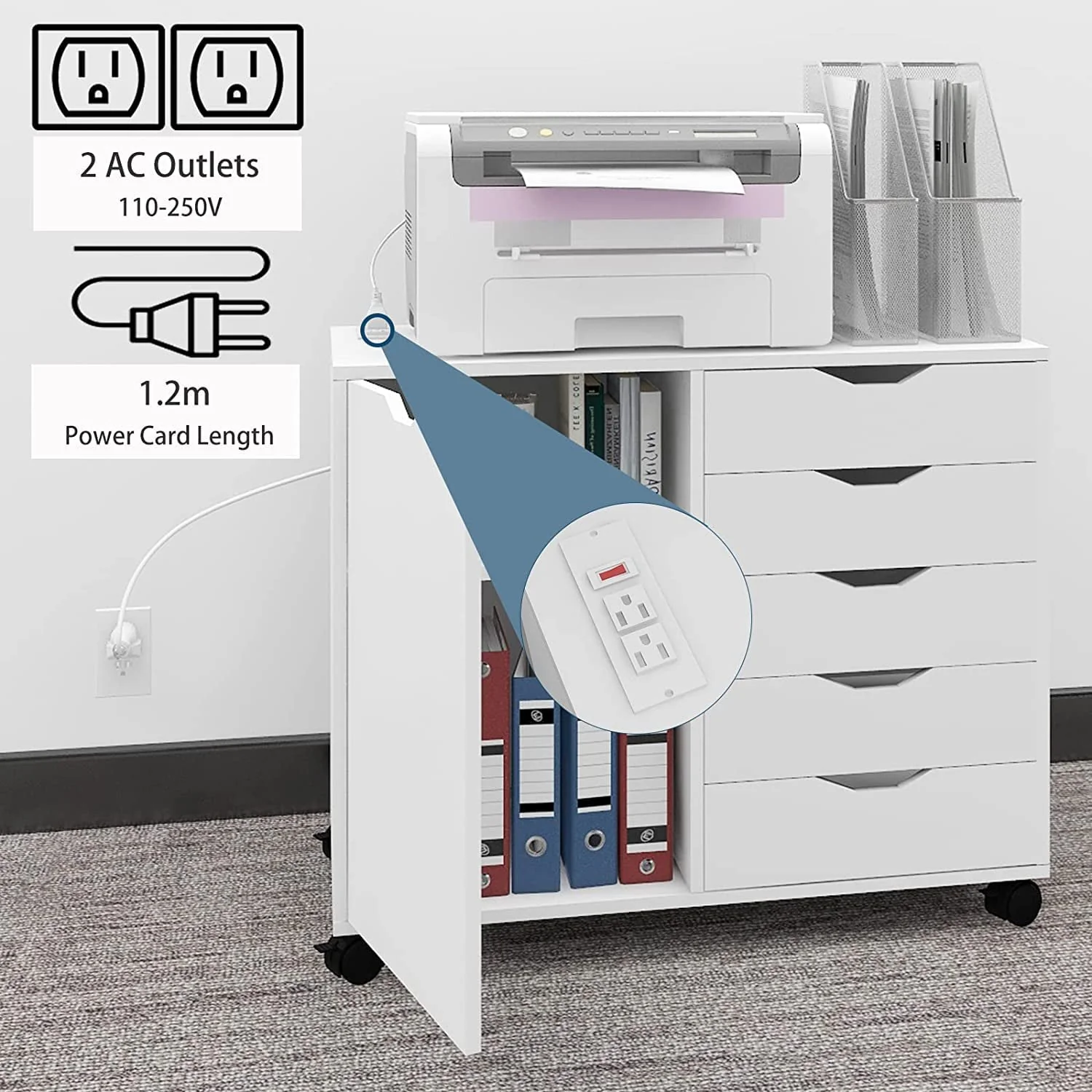 Natwind 5-Drawer Mobilable Wood Printer Stand with Charging Station，Cart File Storage Cabinets with Socket and Door Home Office Lateral Filing Cabinet(white)