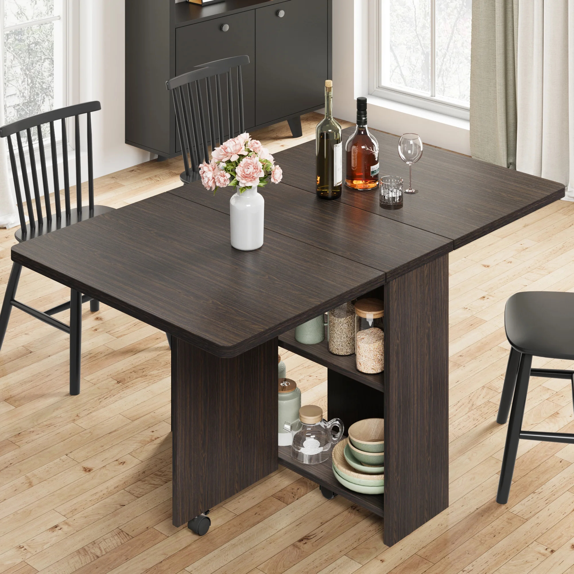 Danolapsi Folding Dining Table,Dinner Table with Wheels and 2-Layer Storage Shelf,Farmhouse Wood Kitchen Dining Room Tables Set for 4, Expandable Rectangle Dinner Kitchen Office Furniture
