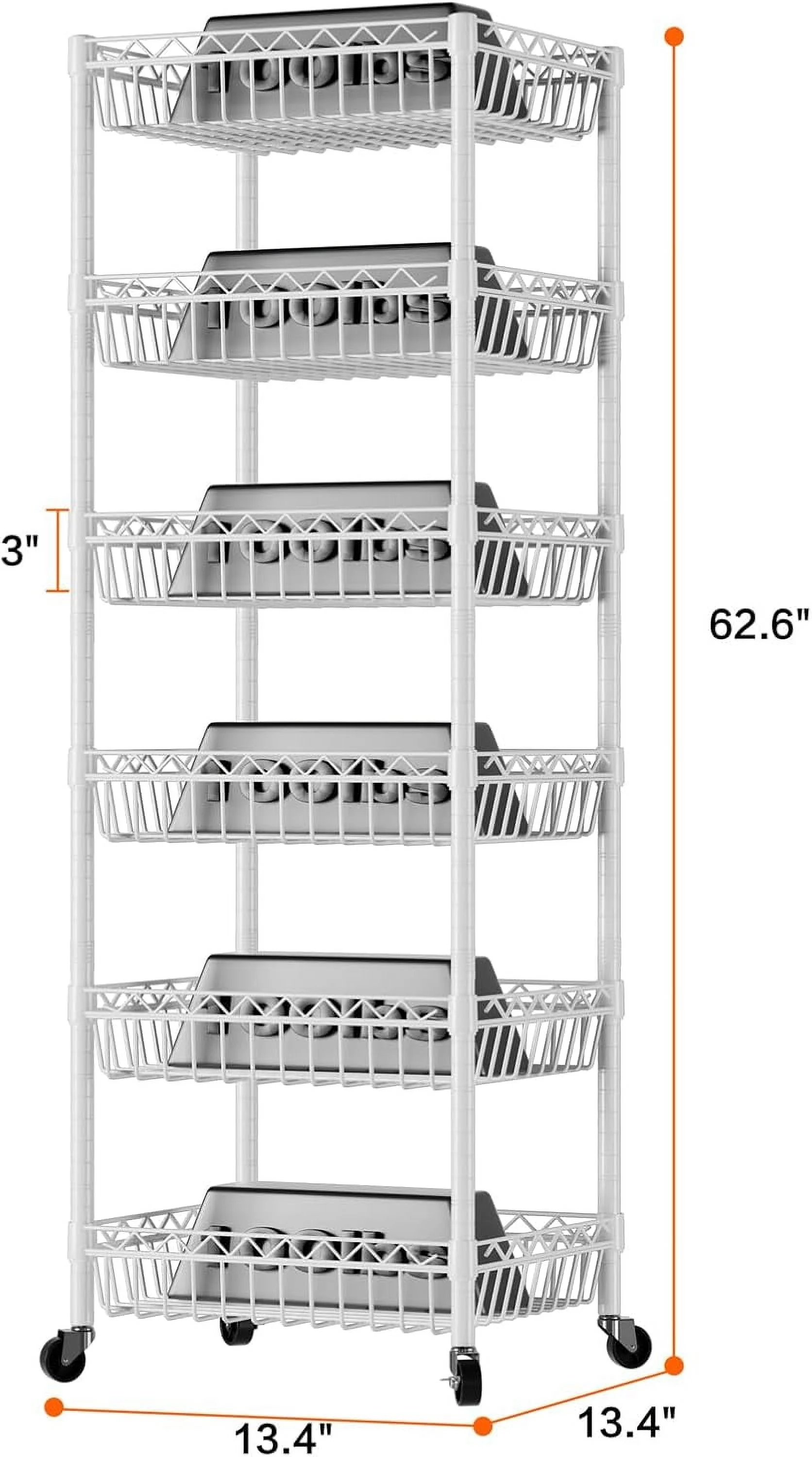 6 Tier Wire Shelving Unit with Wheels Baskets Storage Rack Corner Shelves Adjustable Shelf Closet Bathroom Organizers Metal Pantry Kitchen Garage Laundry Room 13.5
