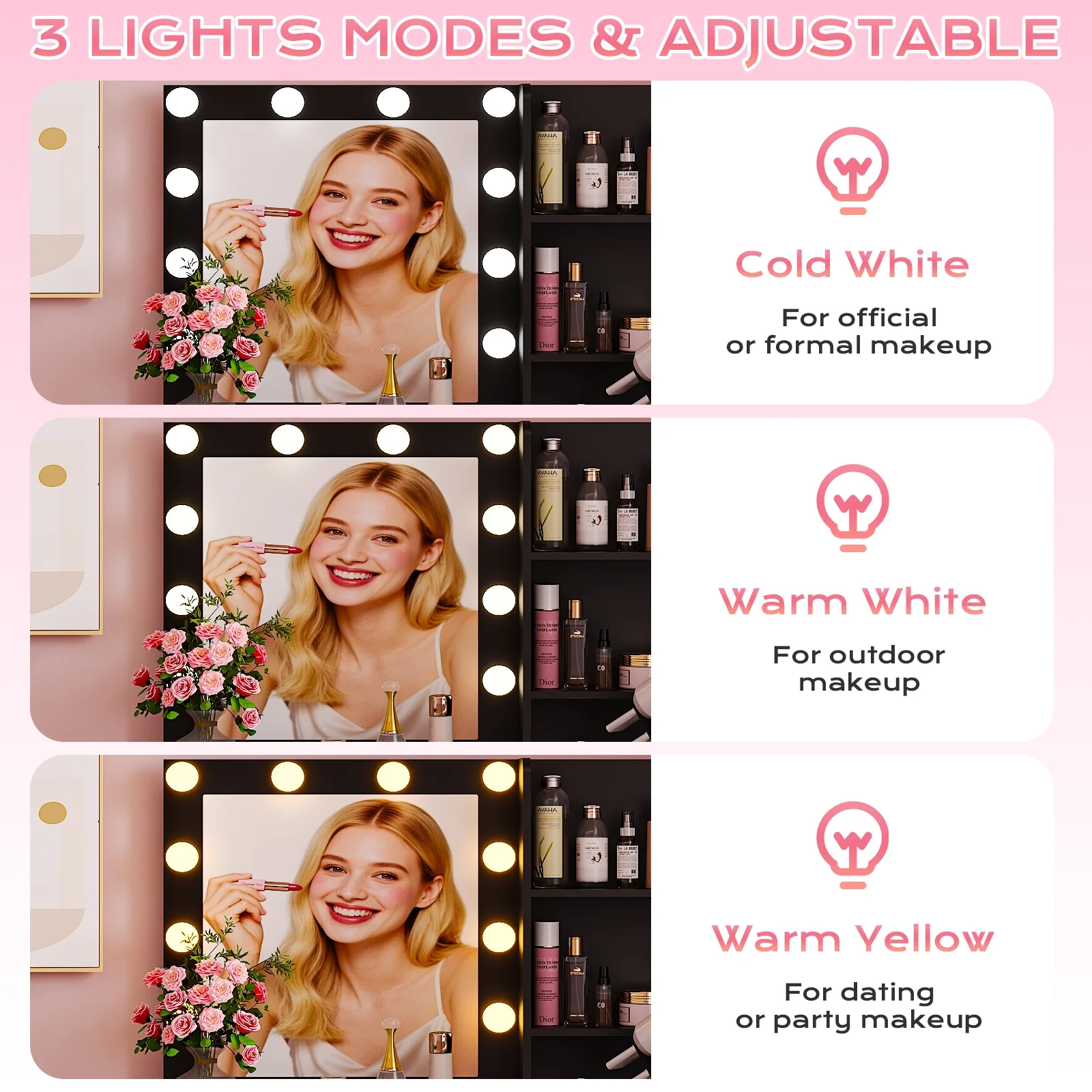 Ktaxon Vanity Set with 3 Color Lighted Mirror, Makeup Table with 3 Storage Shelves & Drawers, Dressing Table Makeup Desk with Stool,White