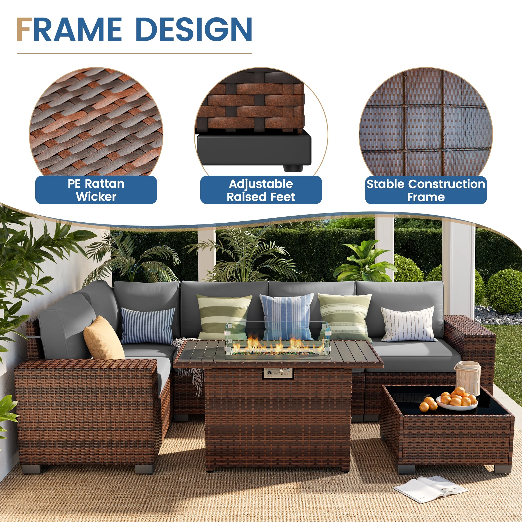 Poteban Patio Furniture Set 6 PCS Outdoor Sectional Conversation Sets Featuring Widen Wicker Armrests and High Back, Black (Waterproof Covers Included)
