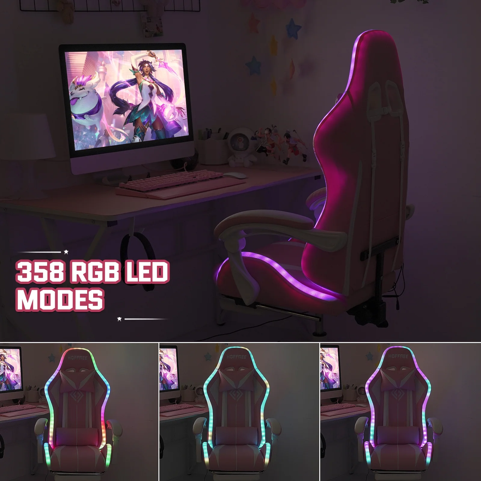Hoffree Gaming Chair with Massage PU Leather Office Chair with Footrest and LED Light Ergonomic Gamer Chair Lumbar Support Adjustable Headrest High Back Computer Desk Chair for Home Office