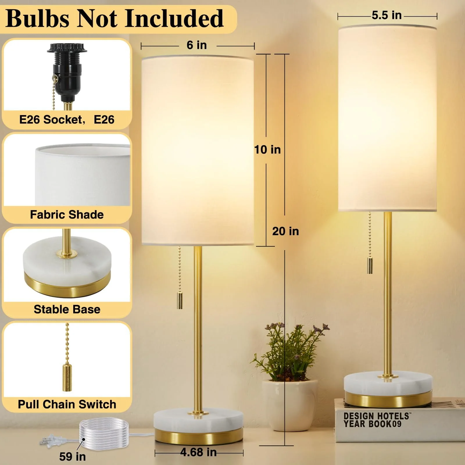 NATYSWAN Minimalist Table Lamp Set of 2, Nightstand Lamp for Bedroom Living Room, Modern Pull Chain Bedside Lamp with Marble Base, Fabric Shade, Small Desk Lamp for Home, Office, Reading