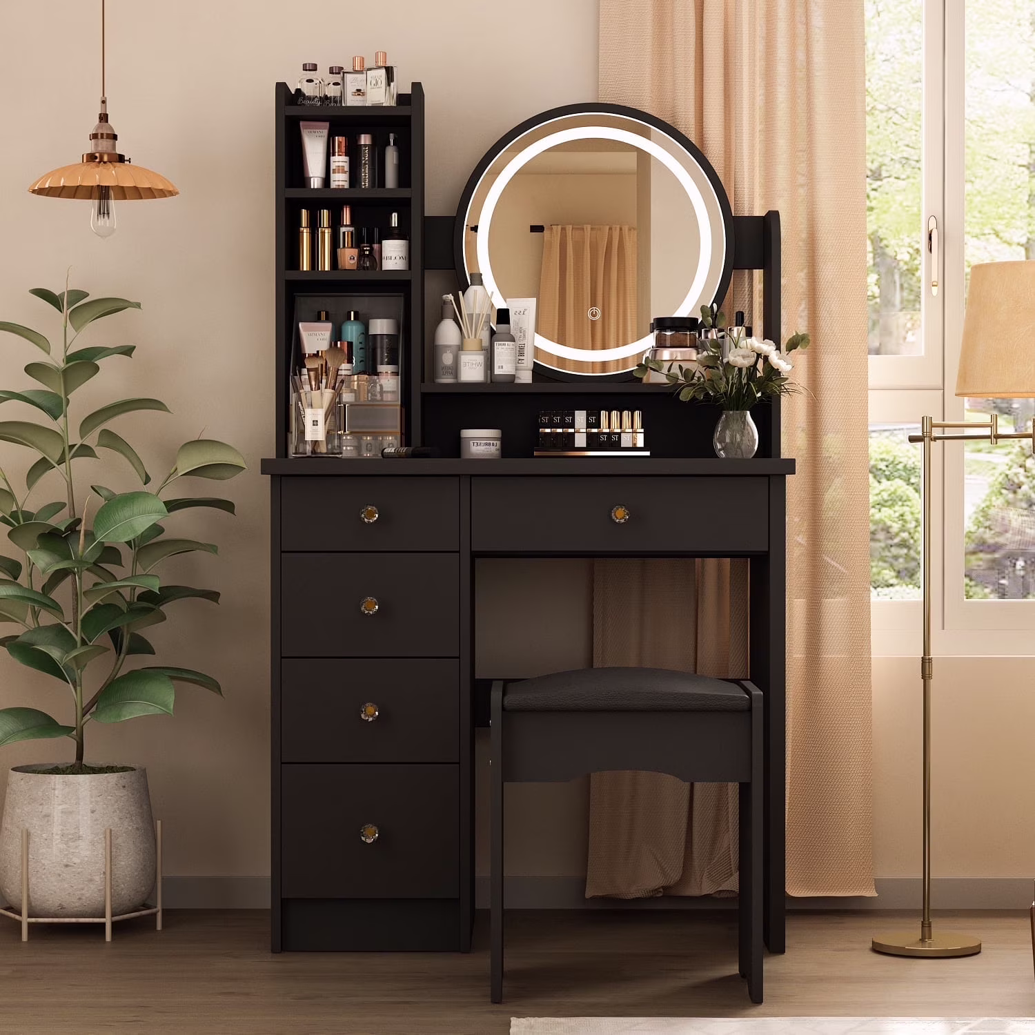 OXYLIFE Makeup Vanity Desk Table with Sliding LED Lighted Mirror, Cushion Stool, 4 Drawers and Shelves, White+Gray