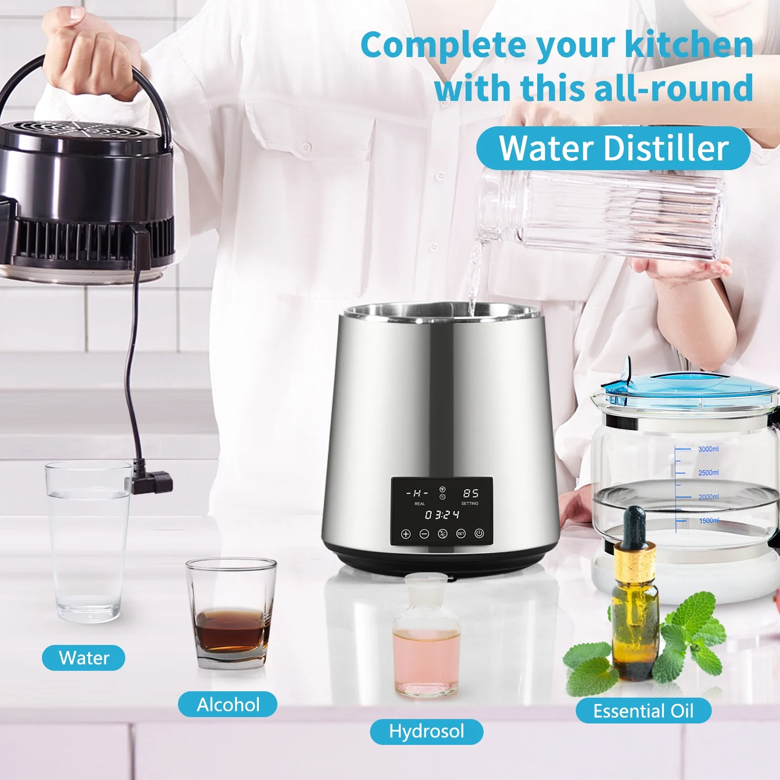 BENTISM 4L 750W Water Distiller with Dual Temp Display & Glass Carafe, Silver