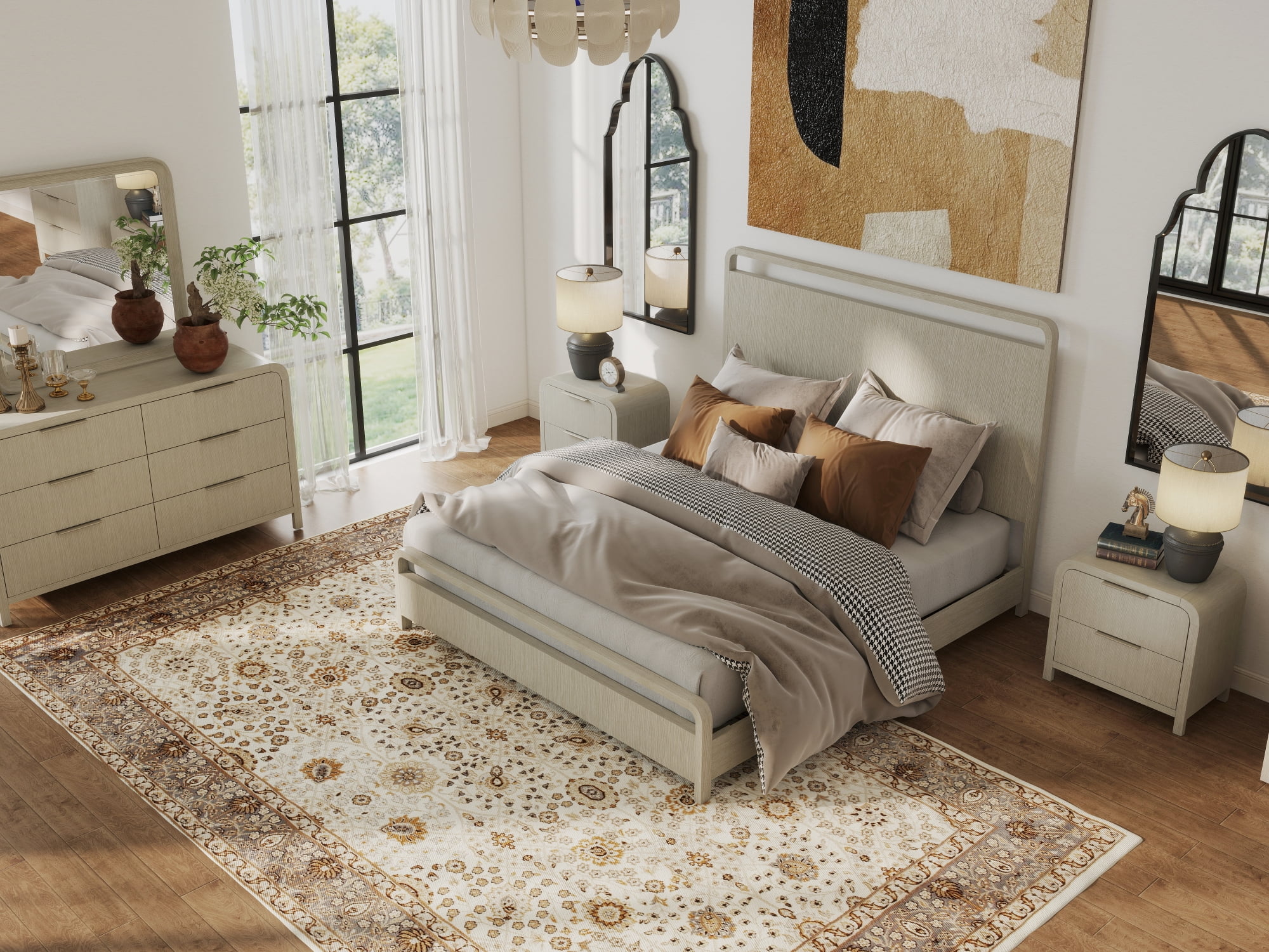 Roundhill Furniture Tavari 6-Piece Bedroom Set with Panel Bed, Dresser, Mirror, Two Nightstands, and Chest in Light Gray, King Size