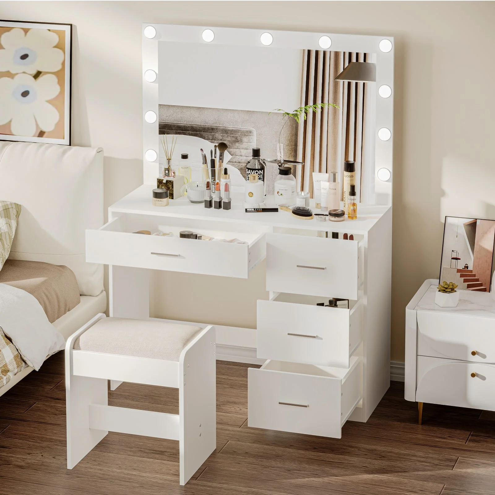 Modern Makeup Vanity Table with Lights, Vanity Desk with Mirror, 4 Drawers, Dressing Table, White