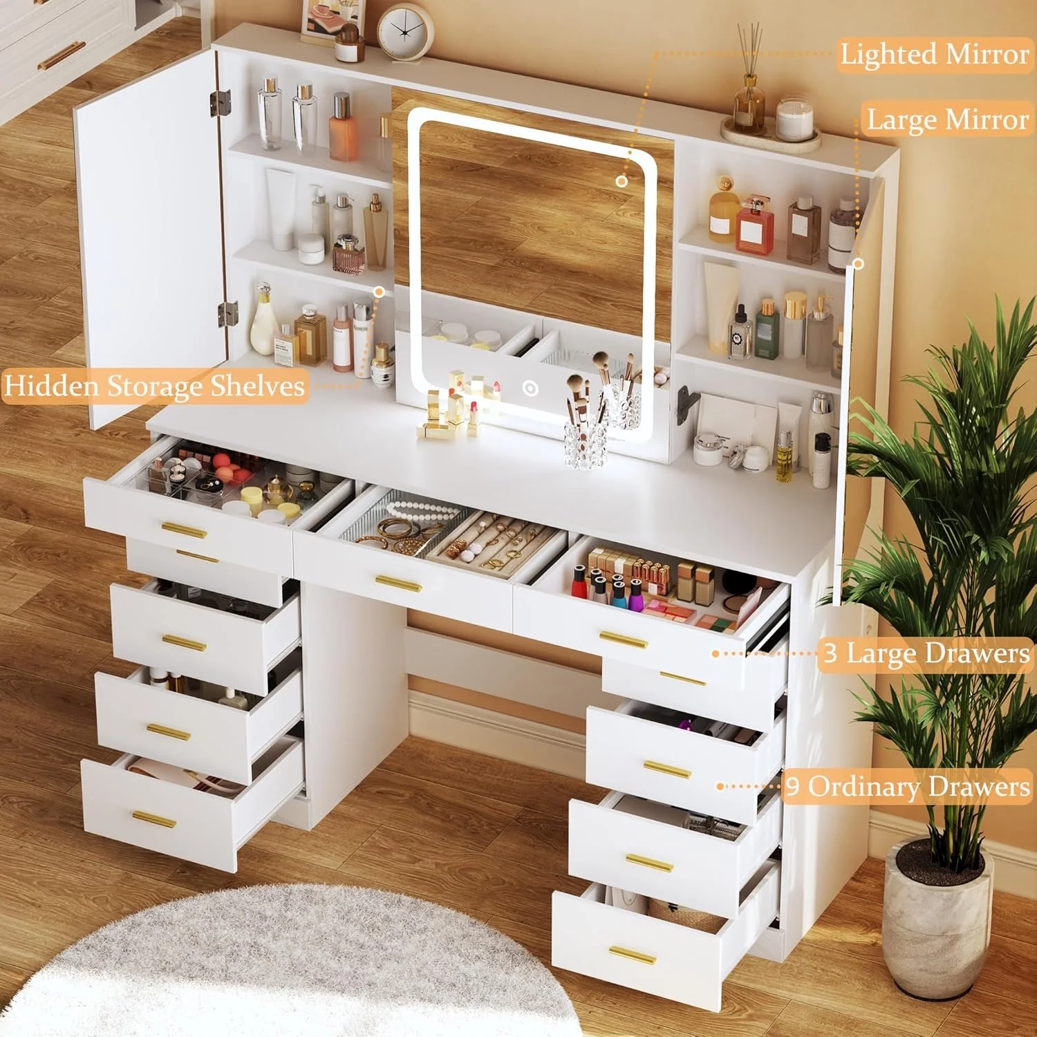 Tomnk woo White Makeup Vanity Desk with Large Mirror, Adjustable Lights, Storage Drawers & Power Outlets