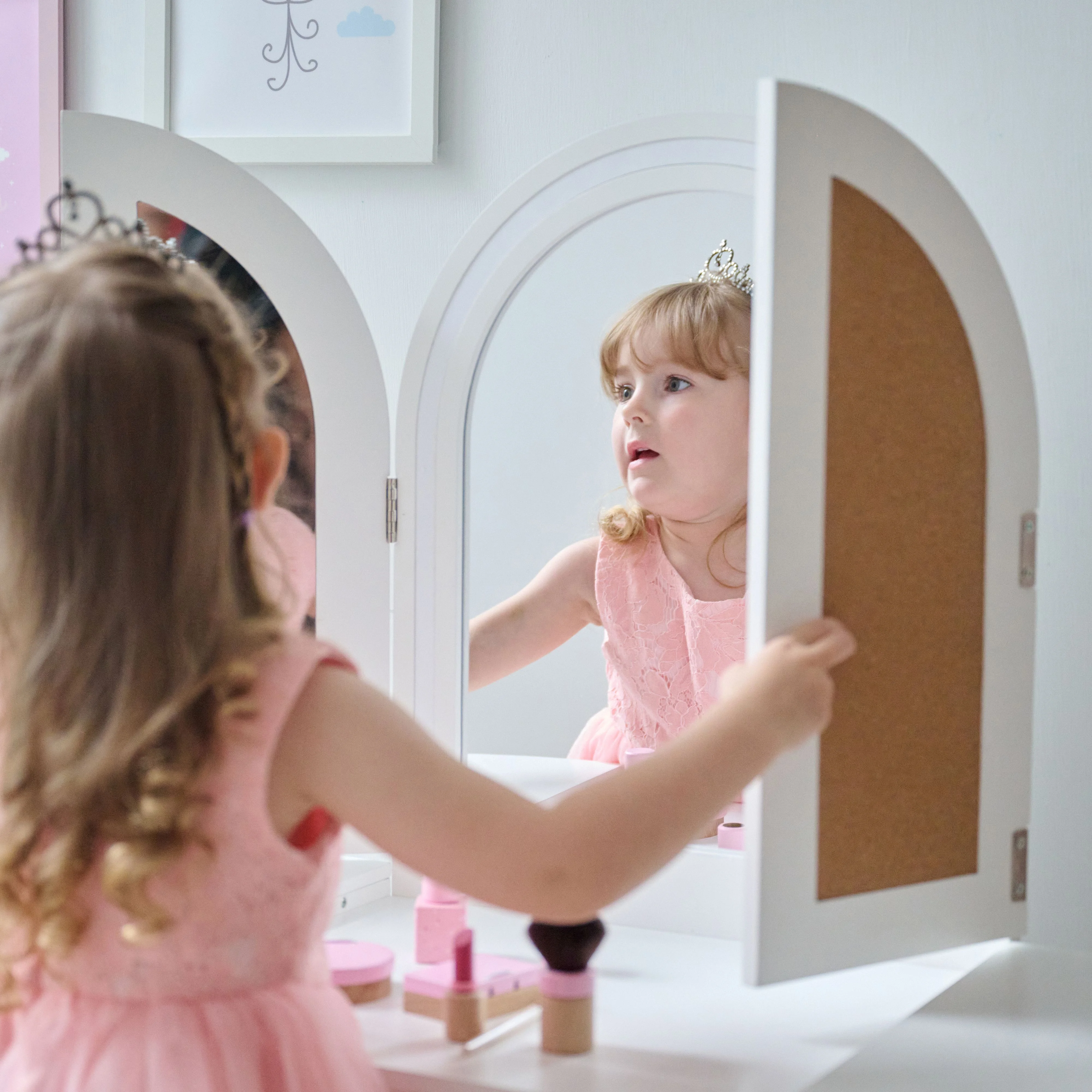 Teamson Kids 2-in-1 Wooden Vanity and Desk with LED Lights, Mirror & Stool �C Dual Purpose Play Makeup Vanity and Desk, Pretend Play for Girls Ages 3+
