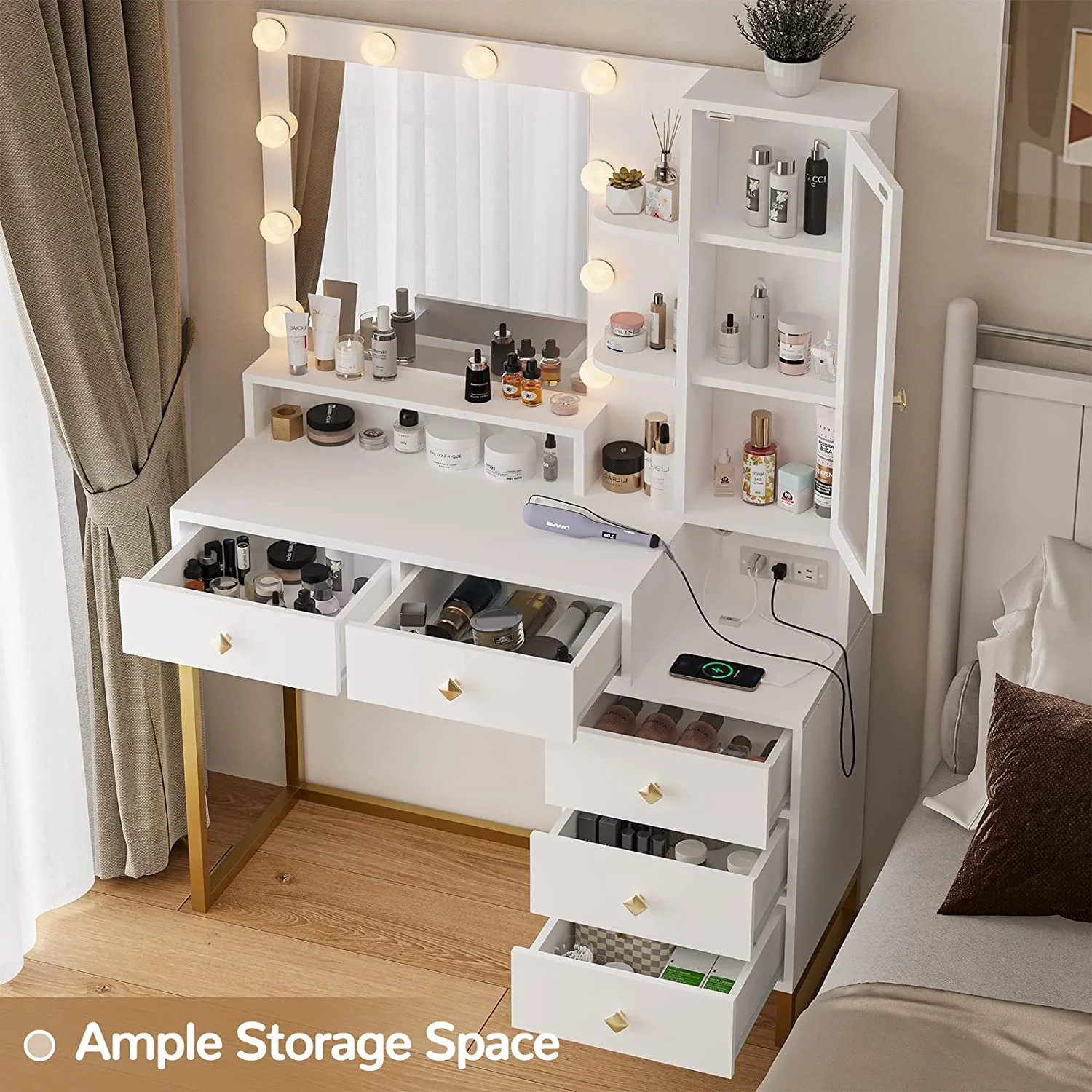 Afuhokles Large Makeup Vanity with Lights, Vanity Table with Charging Station Vanity Desk with Mirror and 10 LED Light Bulbs, 5 Drawers, White