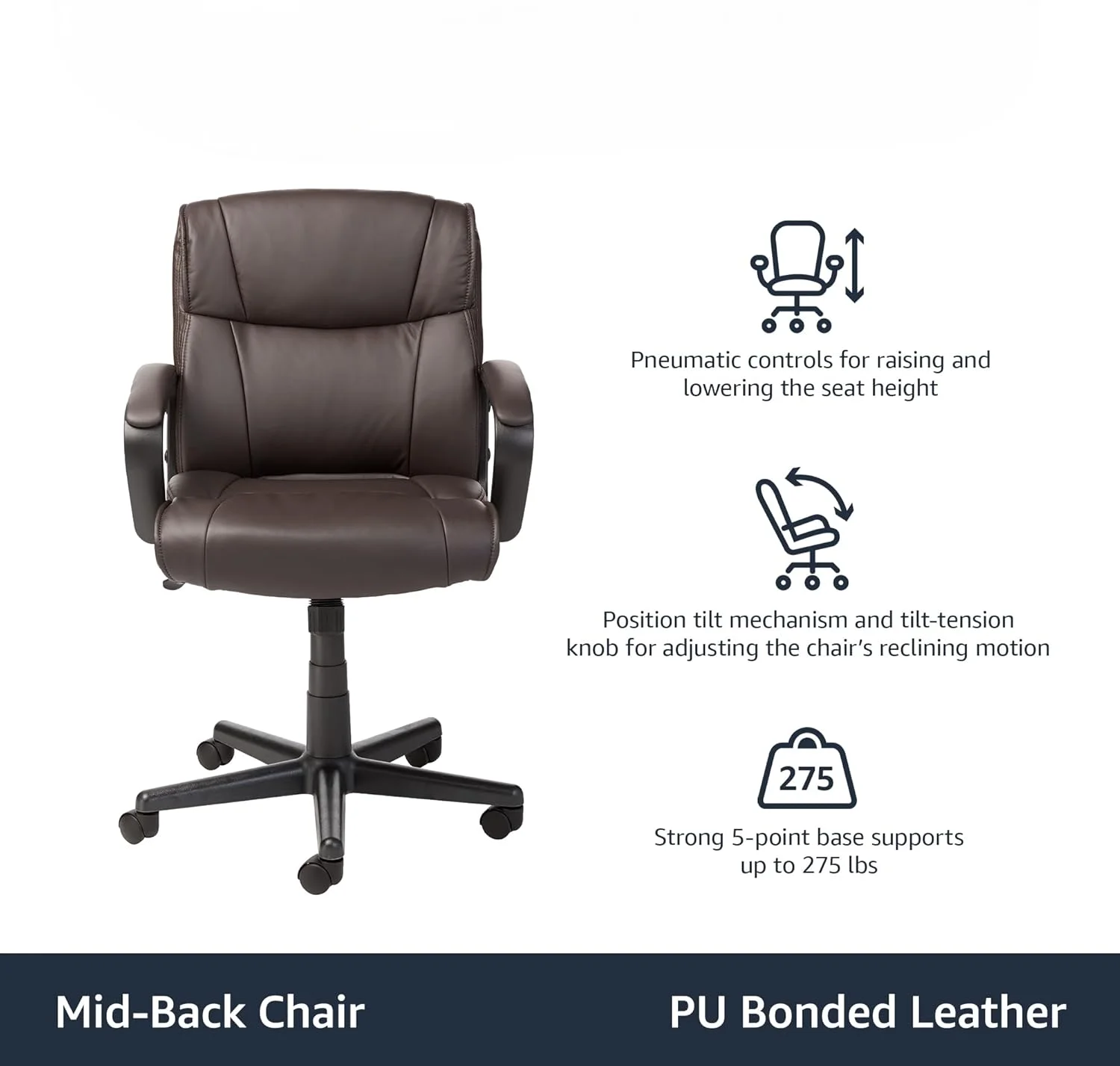 Office Computer Task Desk Chair with Padded Armrests, Mid-Back, Adjustable, 360 Swivel, Rolling, 275 Pound Capacity, 24inchD x 24.2inchW x 34.8inchH, BIFMA Certified, Dark Brown Faux Leather