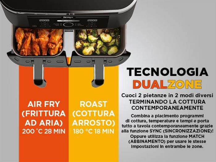 NINJA - Friggitrice ad aria AIR FRYER MAX DUALZONE 6-IN-1-Nero / Alluminio