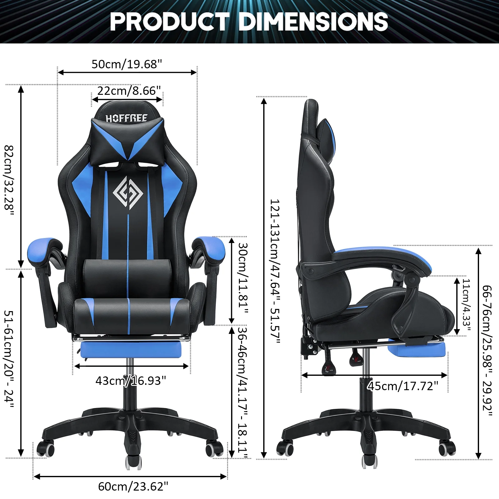 Hoffree Gaming Chair with Massage PU Leather Office Chair with Footrest and LED Light Ergonomic Gamer Chair Lumbar Support Adjustable Headrest High Back Computer Desk Chair for Home Office