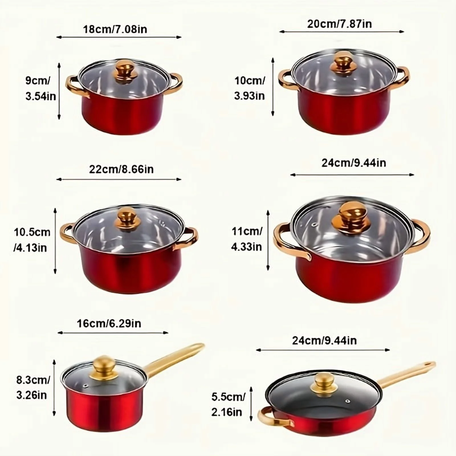 Red 18pcs Stainless Steel Cookware Set, Non-stick Cookware Set, Heat-resistant, Frying Pan, Saucepan, Stew Pot, Multifunctional, Stylish, Durable, Suitable For All Stoves