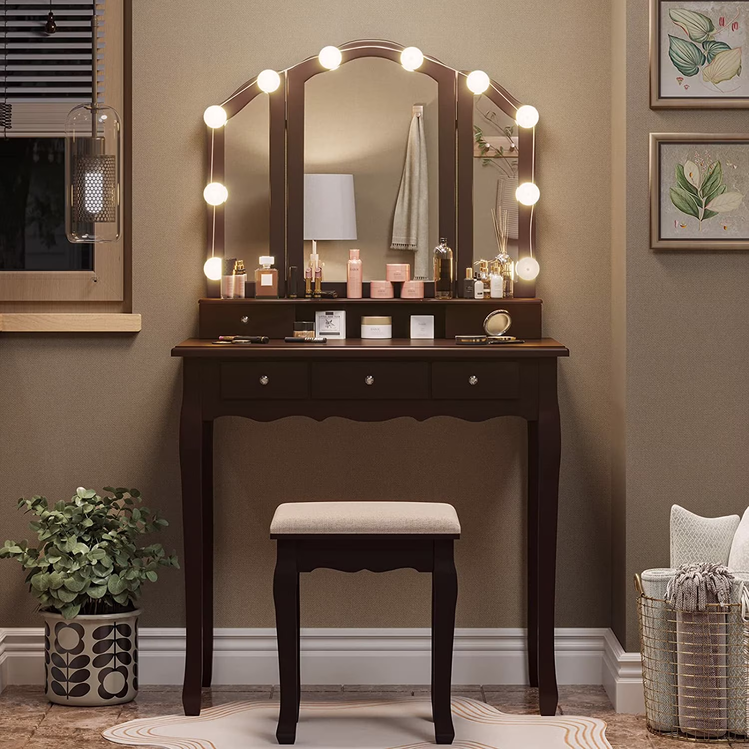 Afuhokles Vanity Table Set with Lighted Tri-Fold Mirror and Stool, Makeup Vanity Dressing Desk 5 Drawers, White
