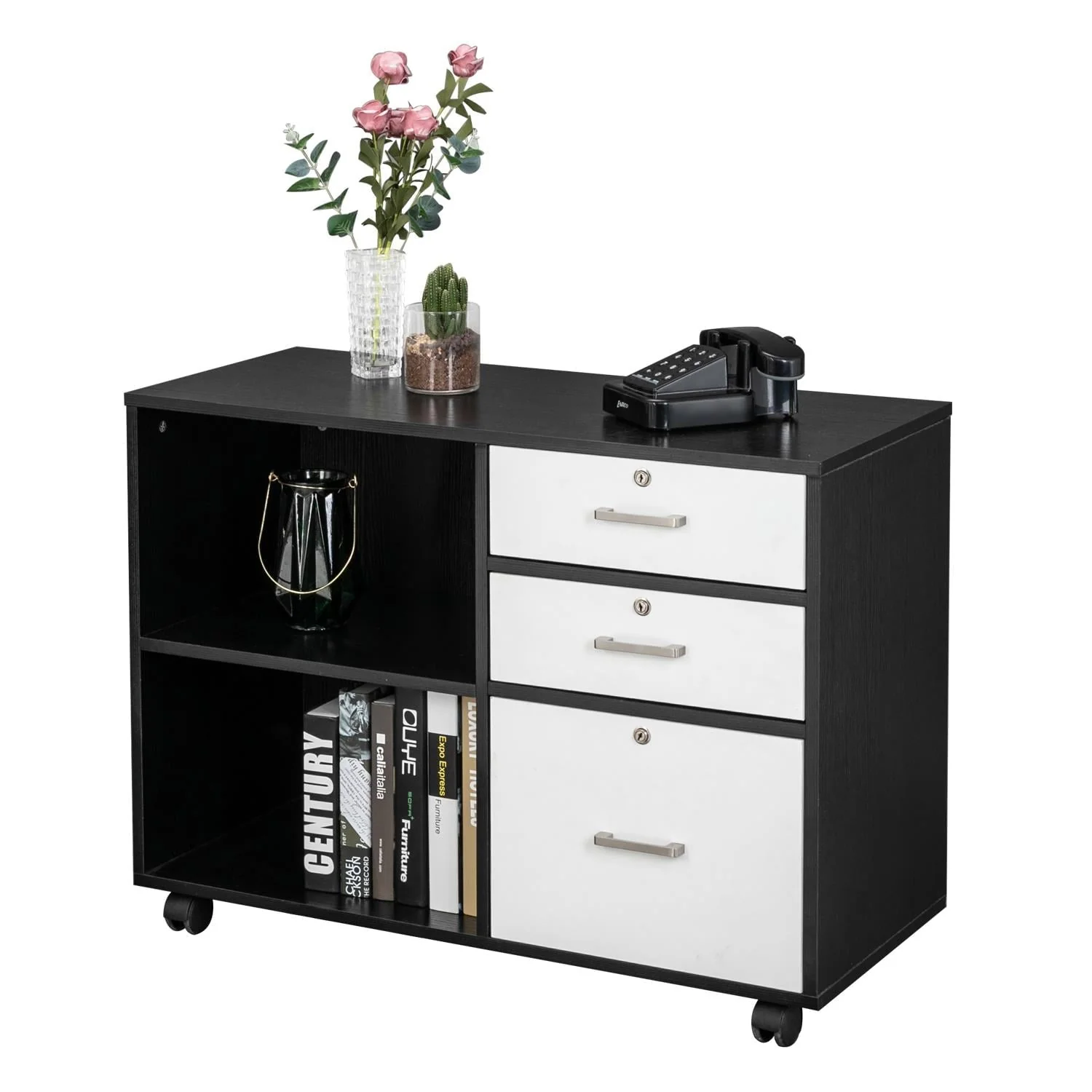 Ktaxon 3 Drawer Wood File Cabinets, Lateral Mobile Filing Cabinets Printer Stand with Locks and Wheels, Open Storage Shelves for Home Office
