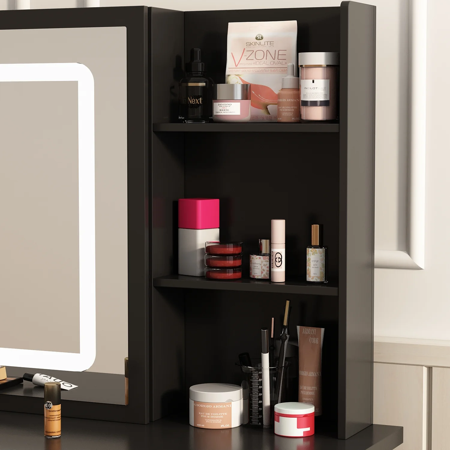 MONSLIPA Makeup Vanity Desk Set w/ Light, Sturdy Dressing Vanity Table with Bench, Shelves & Drawers