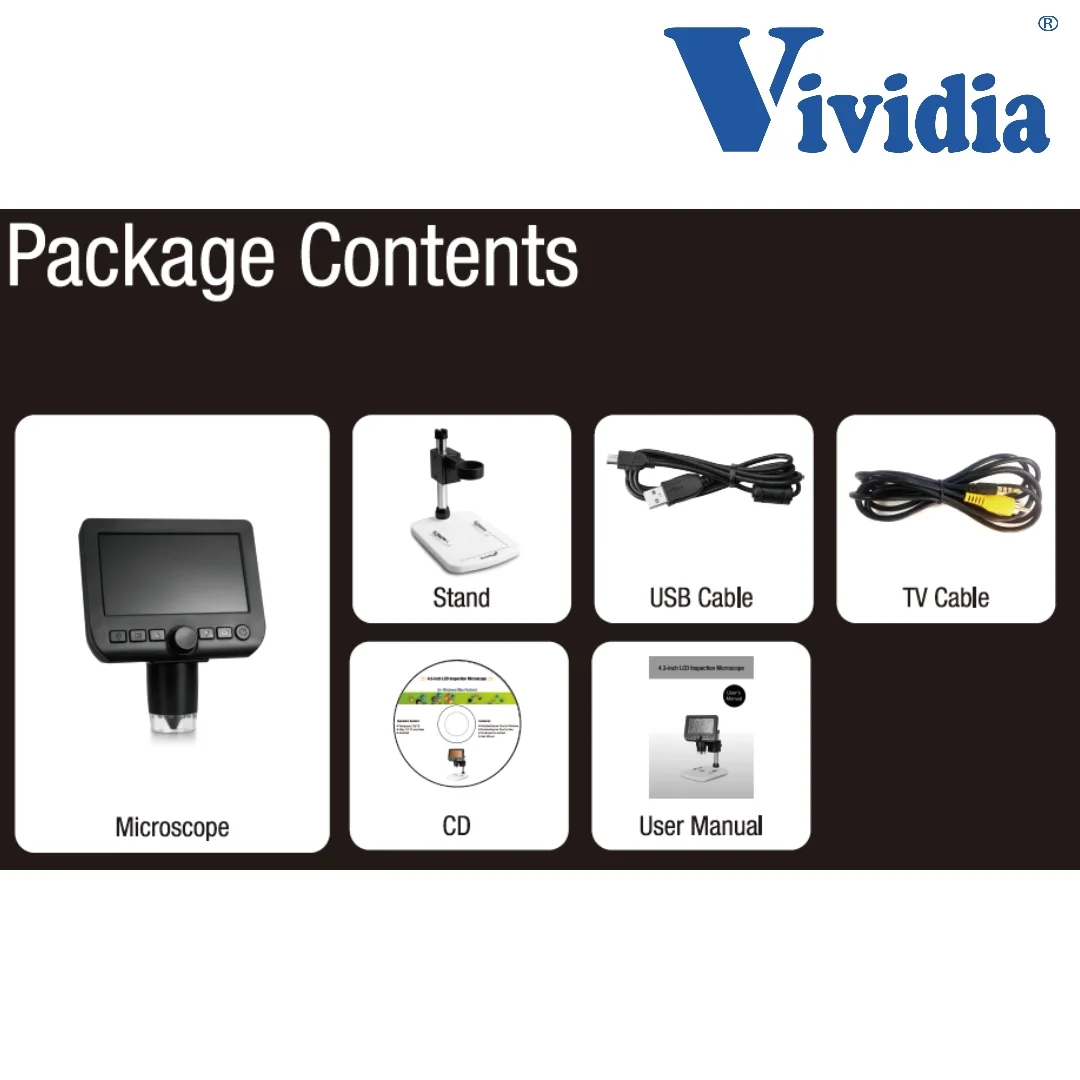 Vividia LM-46 Desktop LCD/USB/Video Digital Microscope 10x to 600x for PC/TV/Android with Video/Photo Capture and Measurement