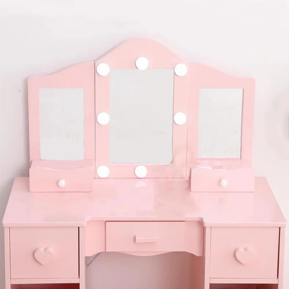 Zzistar Kids Vanity Table Set with Light, Tri-Folding Mirror, 5 Drawers and Square Stool, Wood Makeup Desk Dressing Table with Open Storage Shelves and Detachable Top